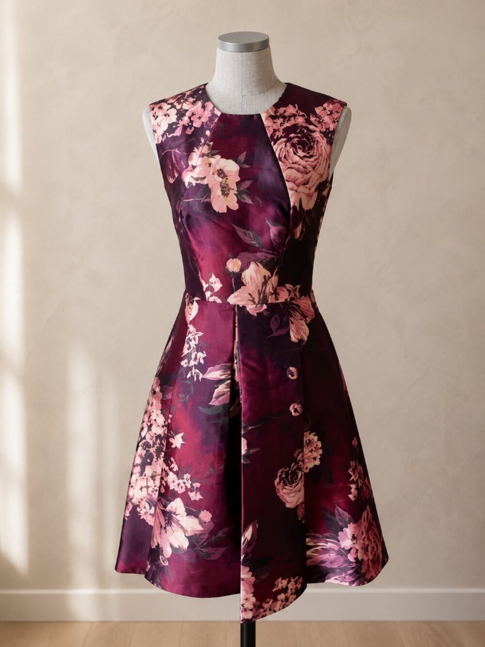 Kay Unger Jessa Floral Midi Dress 6 Merlot Purple Tulip Skirt Wedding Guest Chic